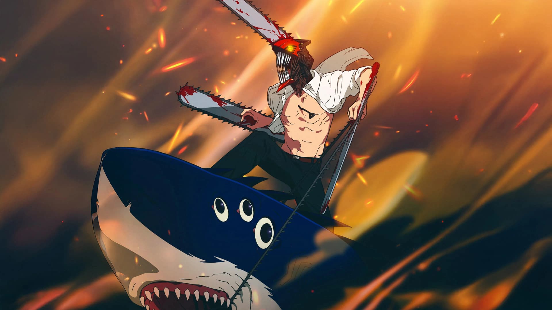 Imagem do Denji como Chainsaw Man montando no demonio do tubarão