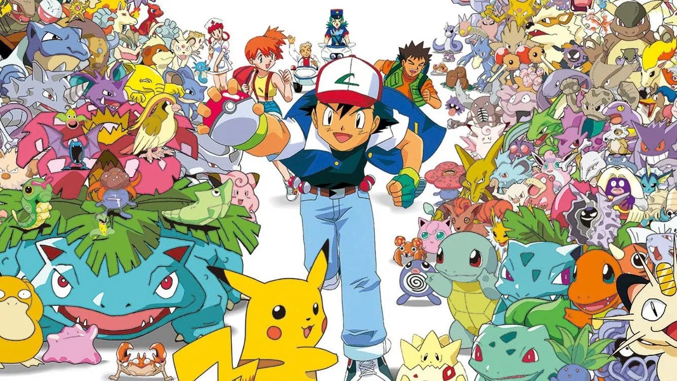 Imagem de fundo de Pokemon com o Ash e vários personagens